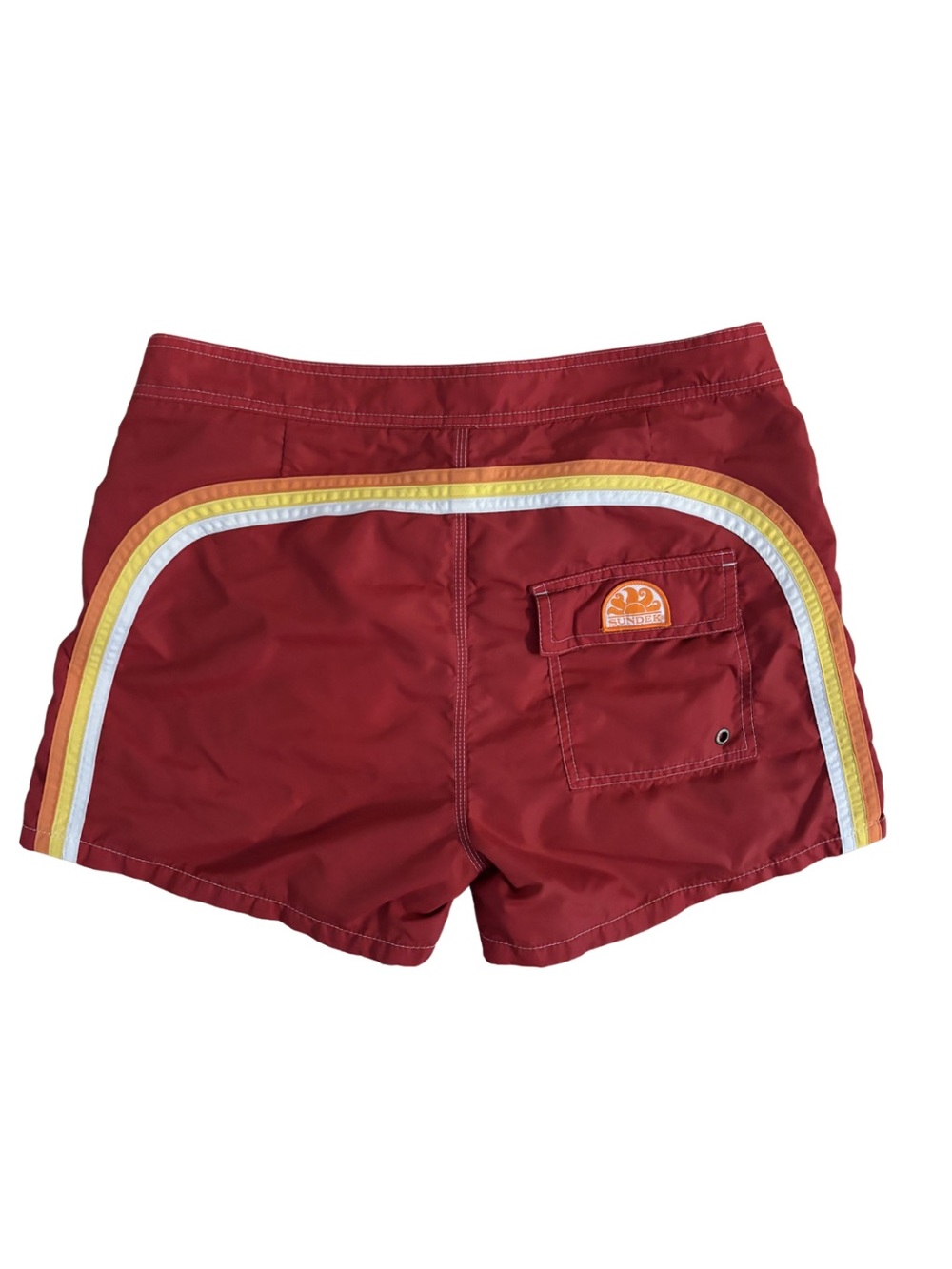 Sundek Red Swim Board Shorts with Yellow and White Stripes